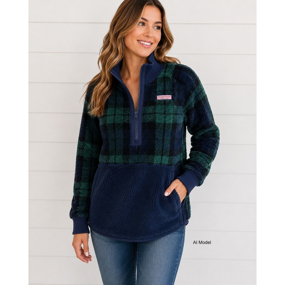 Vineyard Vines Sherpa Fleece Pullover Womans Small Quarter Zip Plaid Cozy